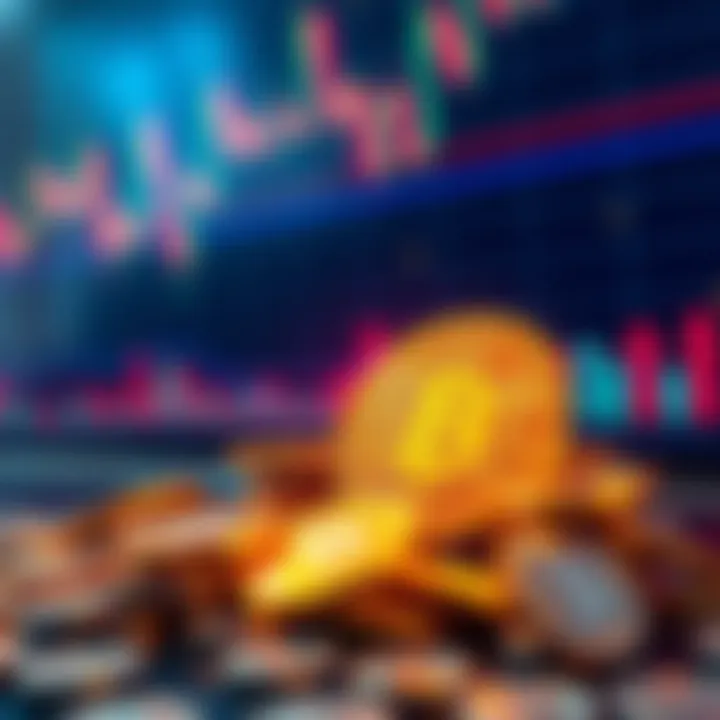 A digital representation of tokens being released, with a backdrop of a fluctuating cryptocurrency market chart.