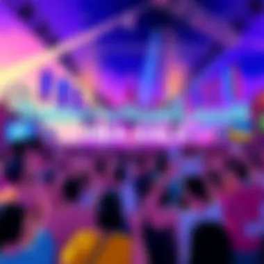 Illustration showing a vibrant festival scene with people celebrating and holding tickets, signifying the Tomorrowland Brasil 2027 pre-sale event.