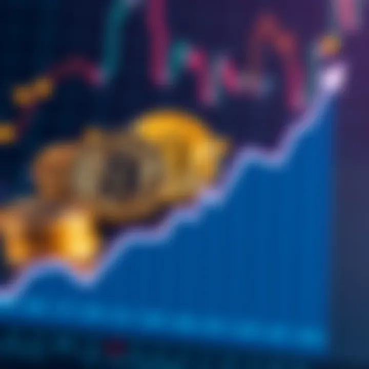 Graph showing increasing value of two cryptocurrencies over a decade, with coins and dollar signs