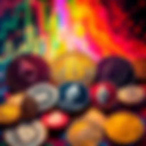A collection of digital currency symbols representing popular cryptocurrencies like Bitcoin and Ethereum on a colorful background.