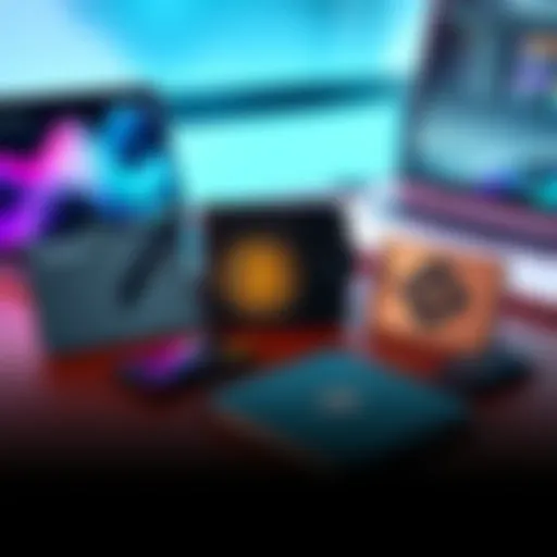 Top Hardware Wallets A display of Coldcard, Bitbox, and Trezor hardware wallets arranged on a table with a smartphone and a laptop in the background.