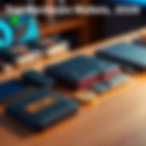 A selection of popular hardware wallets arranged on a table, showcasing their sleek designs and security features, suitable for storing digital assets.