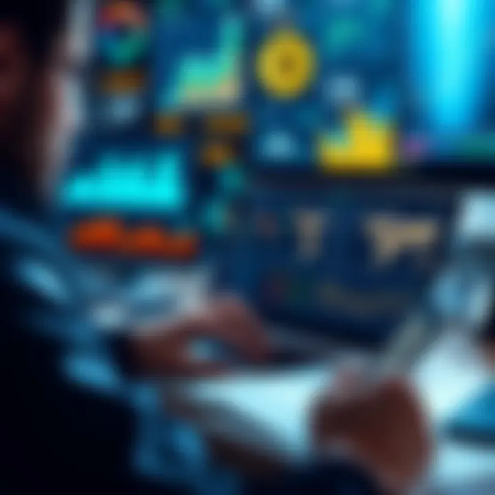 A person analyzing various DeFi tools on a laptop, surrounded by charts and graphs to enhance investment strategies.