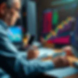 A trader looking at market charts, considering when to stop or restart a losing strategy, with calculator and notes on the desk.