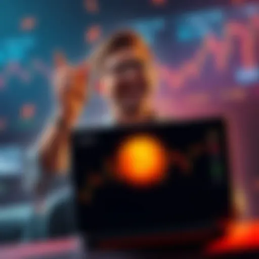 A happy trader with a laptop showing a Bitcoin graph, celebrating their achievement of reaching 0.5 BTC with enthusiasm.