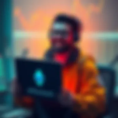 Trader celebrating crypto success A happy trader holding a laptop with Ethereum logo, symbolizing financial freedom after selling ETH
