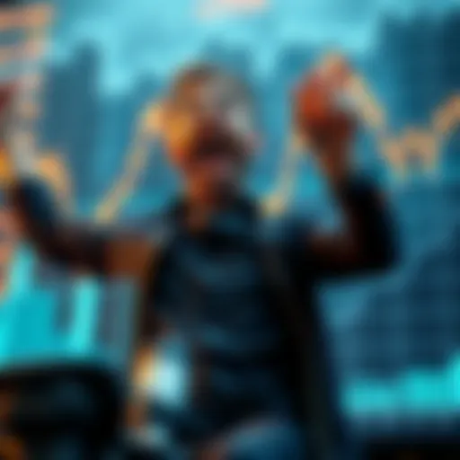 A trader looks excited with a large chart showing spikes and dips in profits, symbolizing the journey from 100k to 9M and back to 4.5M.