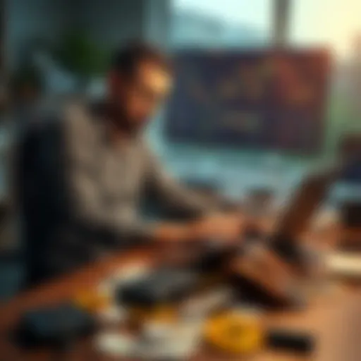A trader sits at a desk with a laptop, looking stressed while checking Bitcoin prices, with empty wallet and bills scattered around.