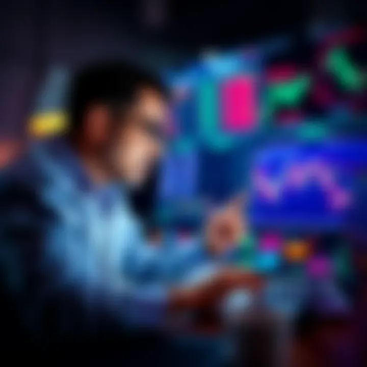 A trader analyzing charts and market data on a laptop, contemplating increasing his holdings in MM Kaspa while planning exit strategies.