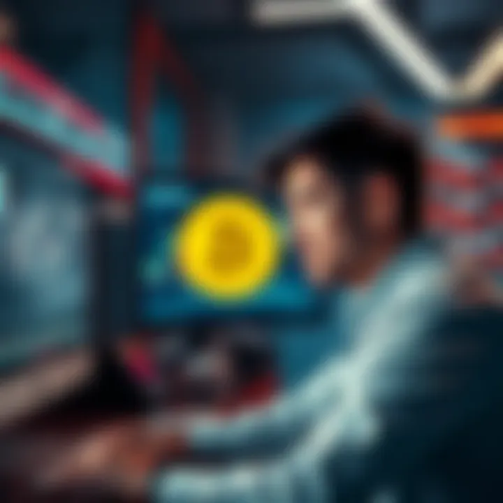 A frustrated trader looking at a computer screen displaying Bitcoin prices with a worried expression
