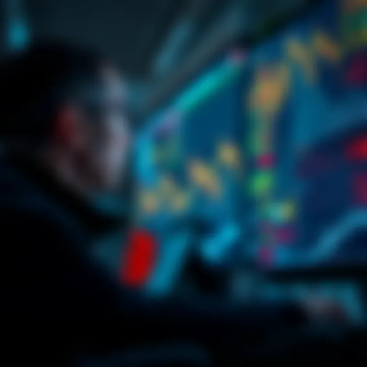 A tired trader in Los Angeles staring at glowing market charts filled with alerts during the night