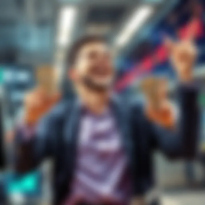 A happy trader is celebrating a $300 profit after using the dollar-cost averaging strategy, showing excitement about recent market movements.