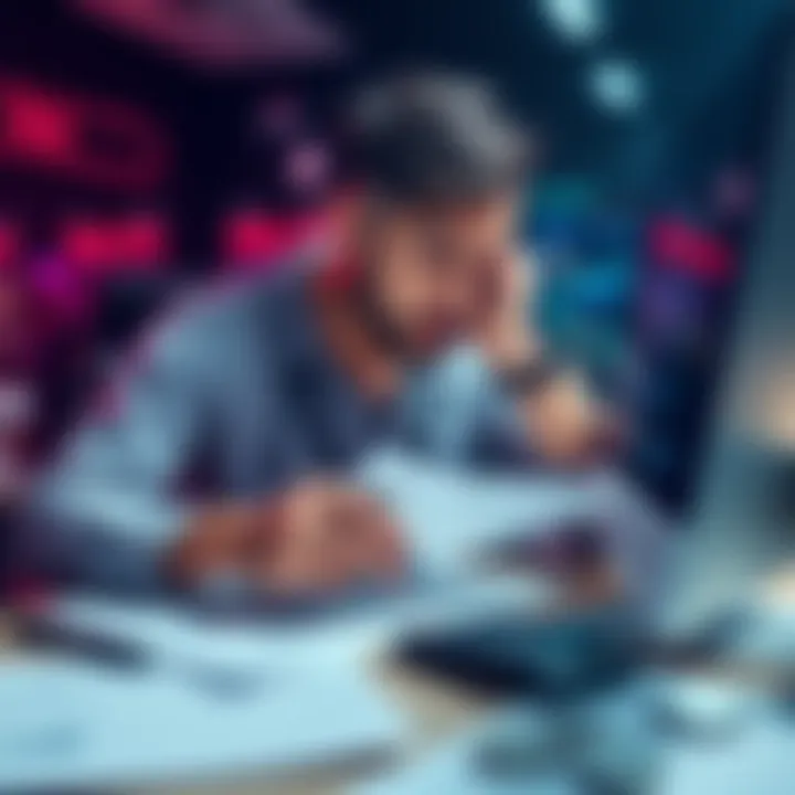 A trader looking over tax documents with a calculator and a computer, feeling confused about crypto trades