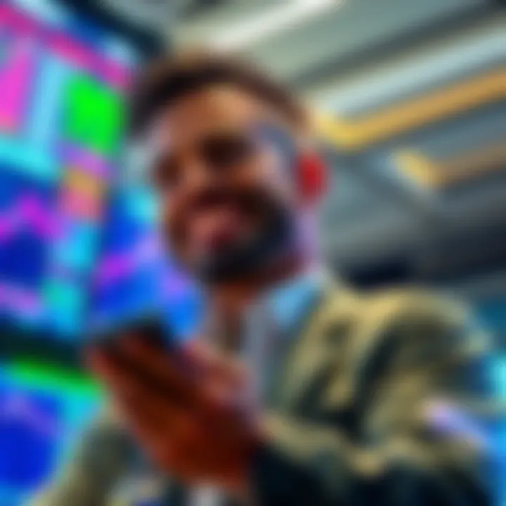 A trader looking pleased while selling stock at a high price during price fluctuations.