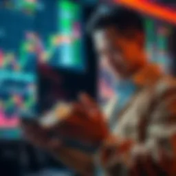 A trader looking at rising market charts while counting profits, with a satisfied expression.