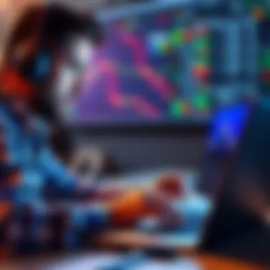 A trader examines charts on a laptop, showing declining crypto values, reflecting disappointment and a need for strategy improvement.
