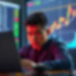A trader looks concerned while analyzing candlestick charts on a laptop, reflecting the emotional impact of market fluctuations.