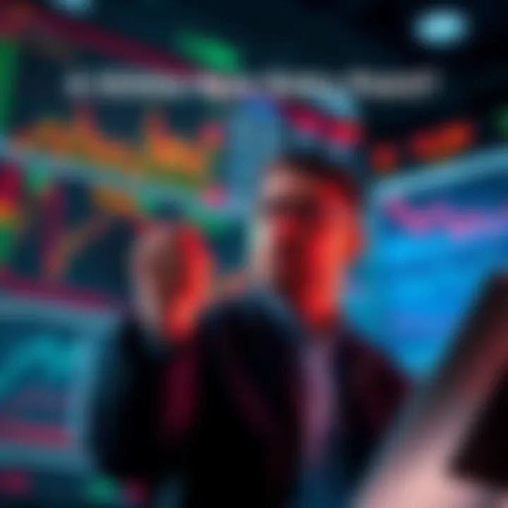 Trader Analyzing Market Trends A trader looking at market graphs and charts, considering re-entering the market at a lower price point, with a determined expression.