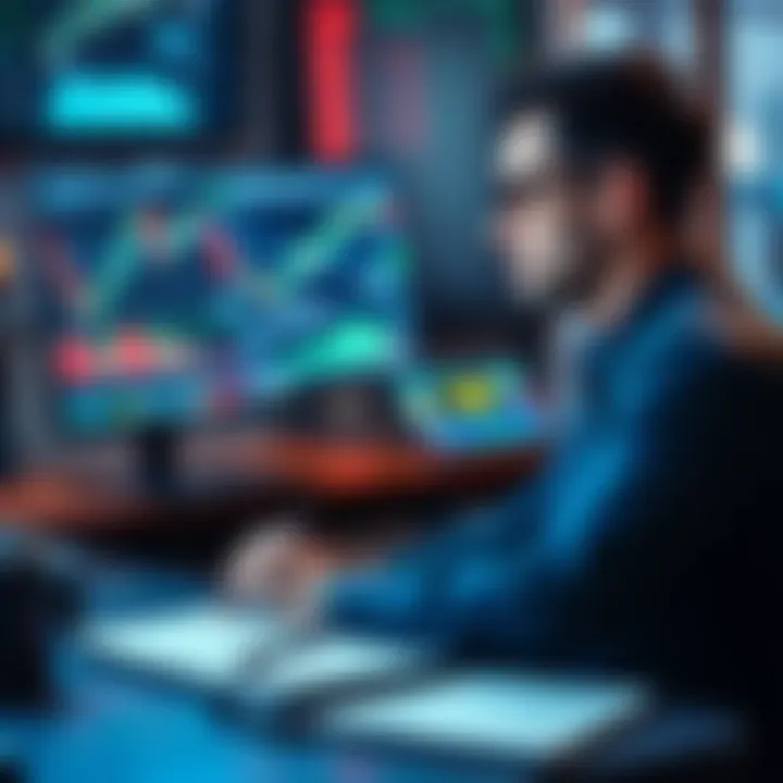 Trader Analyzing Stock Charts A focused trader sitting at a desk, studying stock charts on a computer screen, reflecting on past investment decisions, with a notebook and pen nearby.
