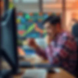 A worried trader sitting at a desk, looking at charts on the computer, reflecting on past losses while contemplating their next move in trading.