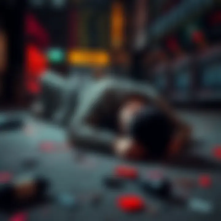 A trader lying on the ground after a violent assault, with the surrounding area showing signs of a struggle, highlighting the aftermath of the $24 million crypto theft.