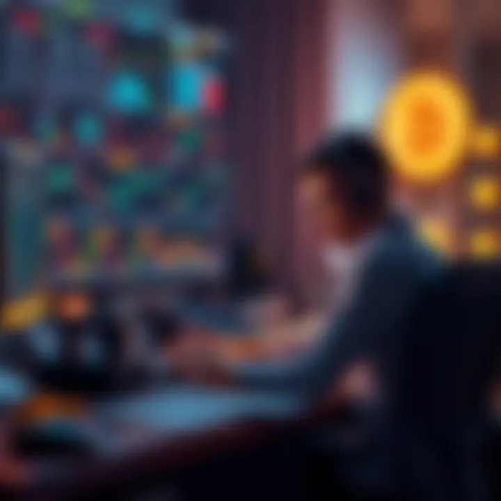 A trader sits at a desk with charts and Bitcoin symbols around, contemplating past selling decisions and focusing on long-term holding.