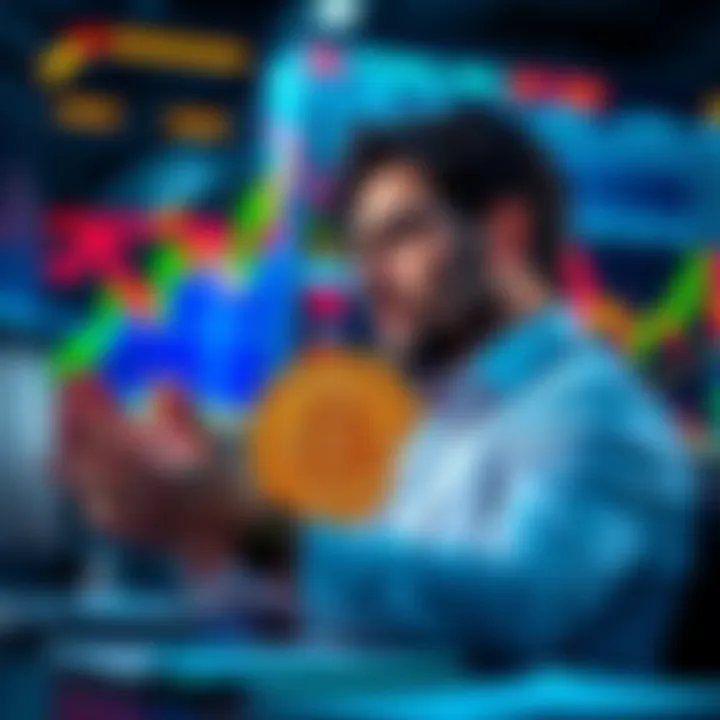 A trader explaining their strategy to profit from Bitcoin's potential decline to $50,000, with charts and graphs in the background