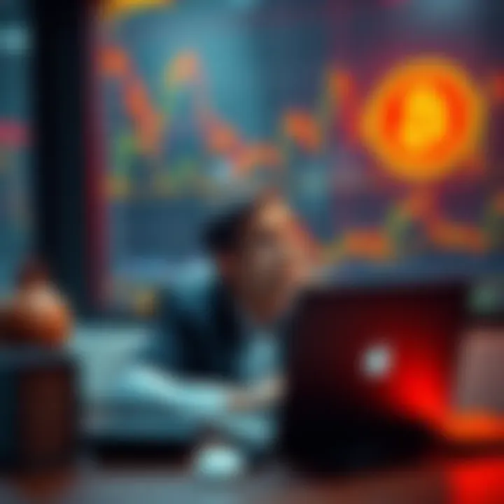 Trader sitting at a desk with a laptop, looking worried while checking Bitcoin prices, with charts showing volatility in the background.