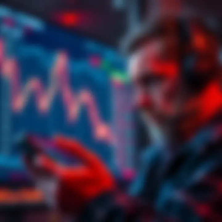 A trader looking worried while checking their MEXC trading app, with a graph showing declining values in the background
