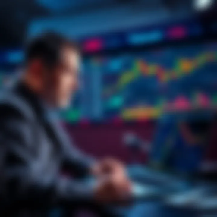 A trader looking worried with charts and a laptop in front of them, showing market fluctuations, symbolizing the stress of trading decisions.