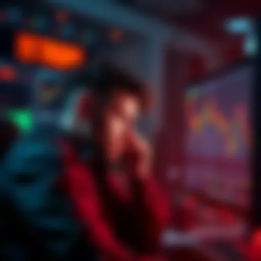 Frustrated trader looking at charts on a computer, showing a declining trend and stop-loss notifications
