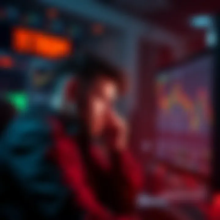 Frustrated trader looking at charts on a computer, showing a declining trend and stop-loss notifications