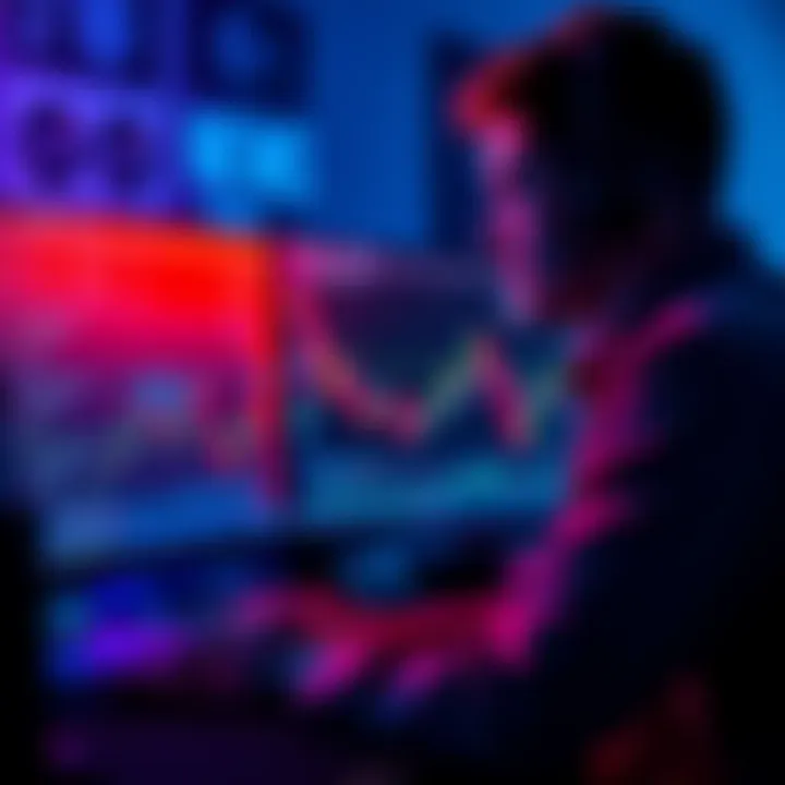 Trader using a crypto scanner A trader focused on a computer screen displaying a crypto scanner, highlighting various cryptocurrency movements and setups.