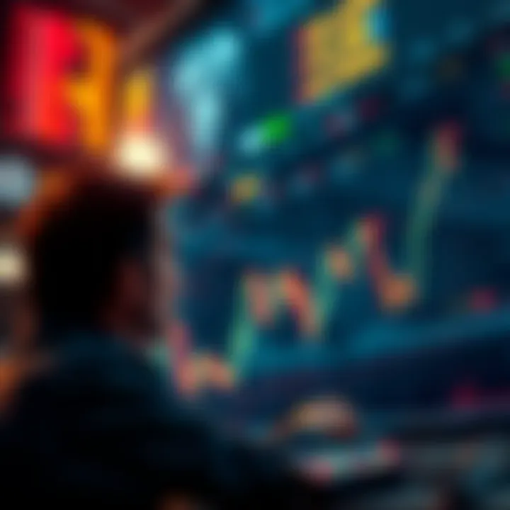 A worried trader watches as a cryptocurrency graph declines, reflecting a lost profit opportunity.