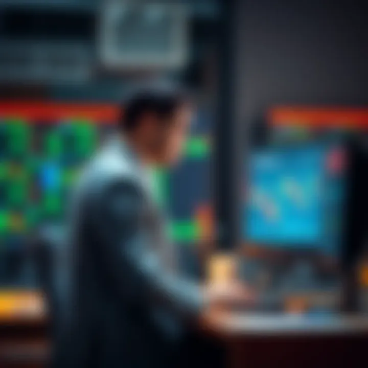 A trader stands at a desk looking at charts, contemplating whether to sell assets at a loss or hold onto them for potential gains.