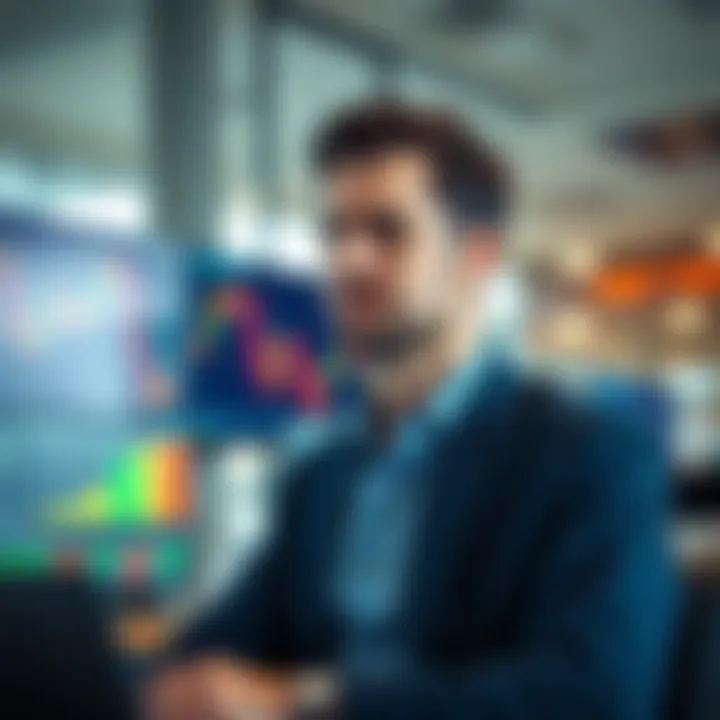 A trader in a modern office looking disappointed after selling shares, with financial charts on a screen showing a downward trend.