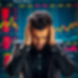 A trader with a worried expression, holding their head in their hands, surrounded by financial charts and graphs, showing a significant loss