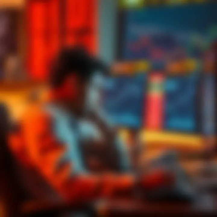 A trader sits at their desk, head in hands, reflecting on the decision to sell cryptocurrency. The screen shows declining crypto prices, capturing their emotional struggle.