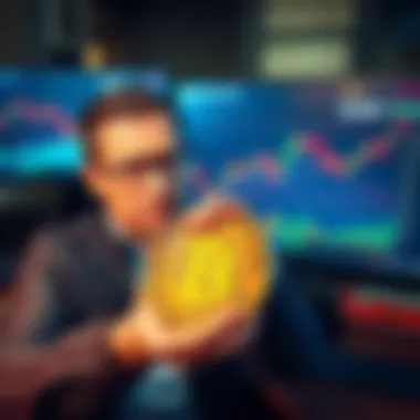 A trader looks concerned while holding a Bitcoin in front of a computer showing a downward trend in the market