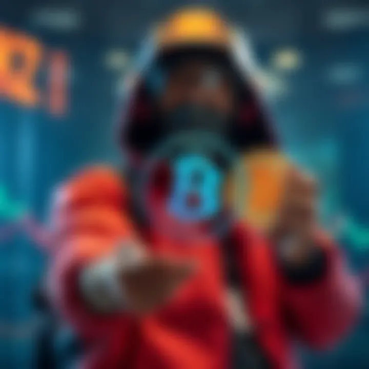 A trader confidently holds a digital currency symbol, representing long-term investment in Kaspa amid market changes.