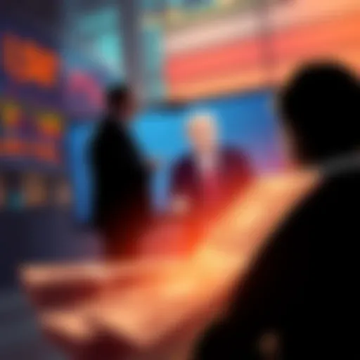 A large sum of money depicted with a silhouette of a trader watching President Trump's speech on a screen