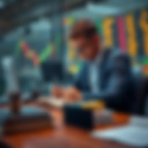 A trader sitting at a desk, focused on writing notes in a journal about their trading experiences and strategies.