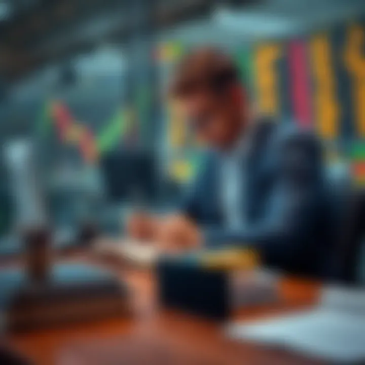 A trader sitting at a desk, focused on writing notes in a journal about their trading experiences and strategies.