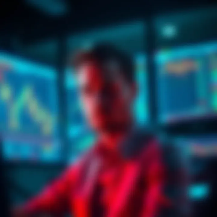A worried trader looks at a computer screen showing declining stock charts, reflecting financial loss after the market crash.