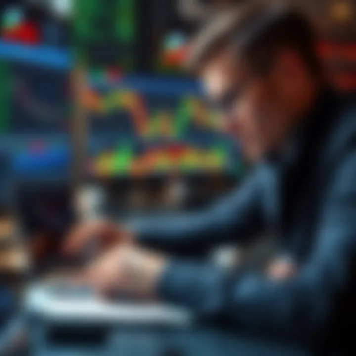 Trader looking at charts A trader stressed over trading losses, examining charts on a laptop with notes beside them