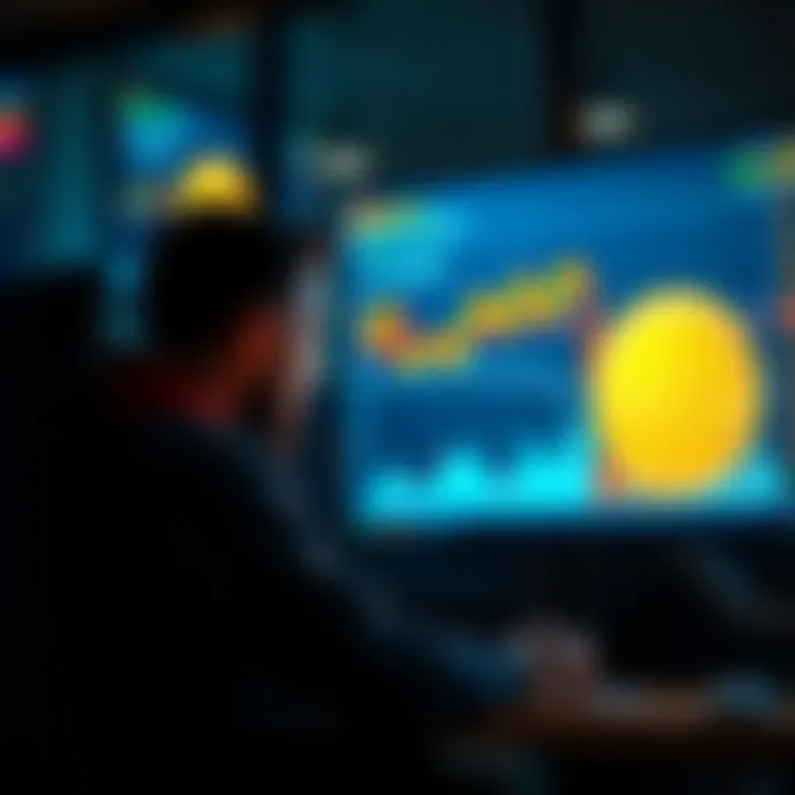 A worried trader watches a screen showing a declining Bitcoin chart, reflecting his loss after doubling down on shorts.