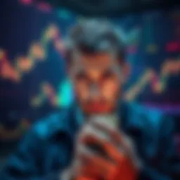 A trader looking frustrated as graphs and charts show falling prices across different blockchain platforms like Ethereum and Polygon, symbolizing liquidity fragmentation.