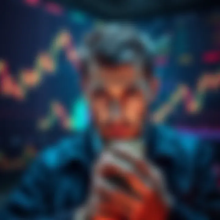 A trader looking frustrated as graphs and charts show falling prices across different blockchain platforms like Ethereum and Polygon, symbolizing liquidity fragmentation.