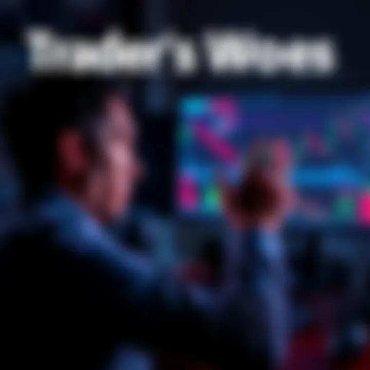 A stressed trader looks at a computer screen showing a market dip and losing trades, expressing worry and frustration about high leverage trading.