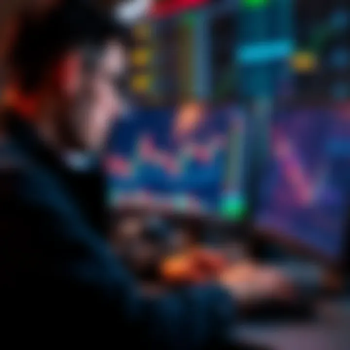 A trader looking at charts on a computer screen, evaluating fakeout pump trends to make shorting decisions.